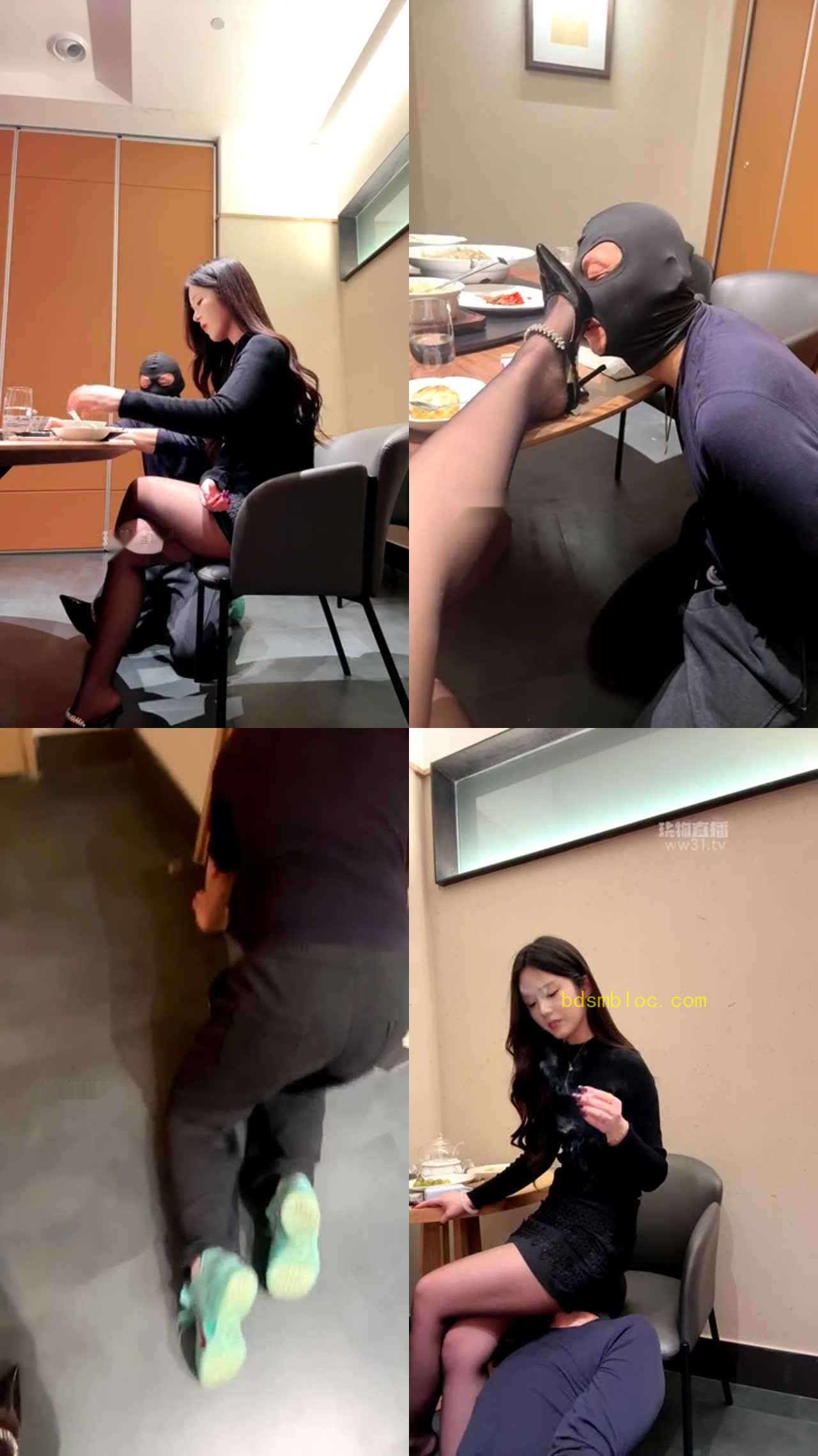【阿芙乐尔】饭店调教 伺候吃饭掐虐乳高跟黑丝美脚清理坐脸窒息踢裆