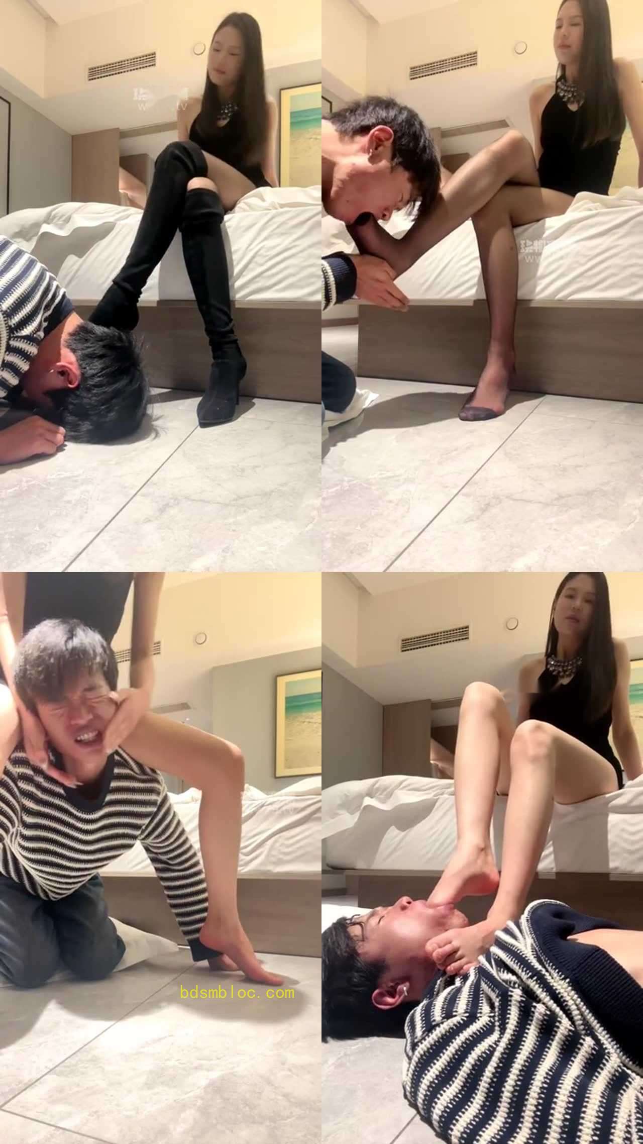 【姜也】女神长靴黑丝裸足调教恋足狗 舔脚深喉耳光玩乳训狗口水赏赐