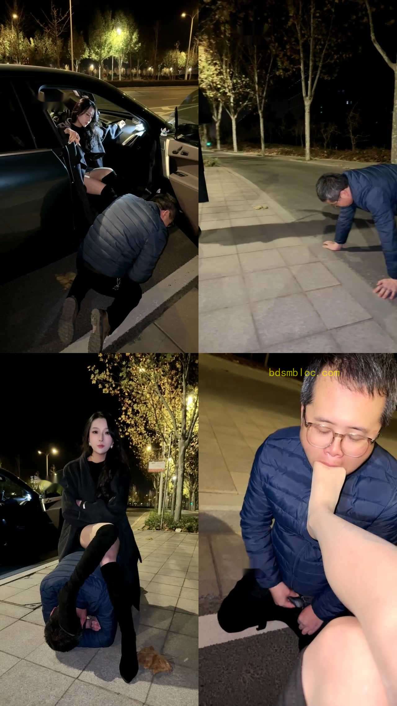 【水晶熊】深夜街头户外长靴踩踏遛狗