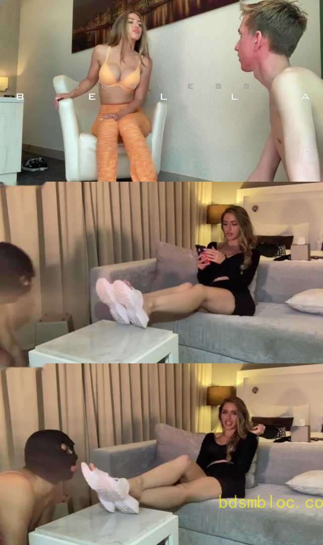 【欧美女王】屌丝狗喝拜金女Bella的浓痰闻舔原味凉拖臭汗脚!被大鞋底子抽脸!